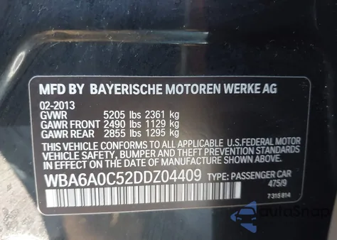 2013 BMW 640I Gran Coupe from USA, damaged, VIN WBA6A0C52DDZ04409